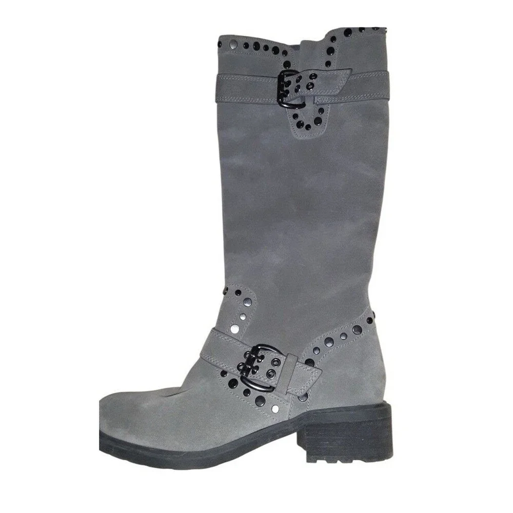 Sam Edelman Suede Studded Knee High Boots Women's Biker Rugged Sz 7.5 Grey - Picture 4 of 12